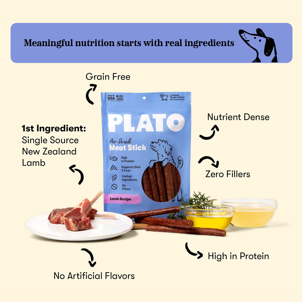 Plato Meat Sticks Salmon Dog Treats, Air-Dried High-Protein Soft Chews with Omega Fish Oil (EPA & DHA), 10 oz