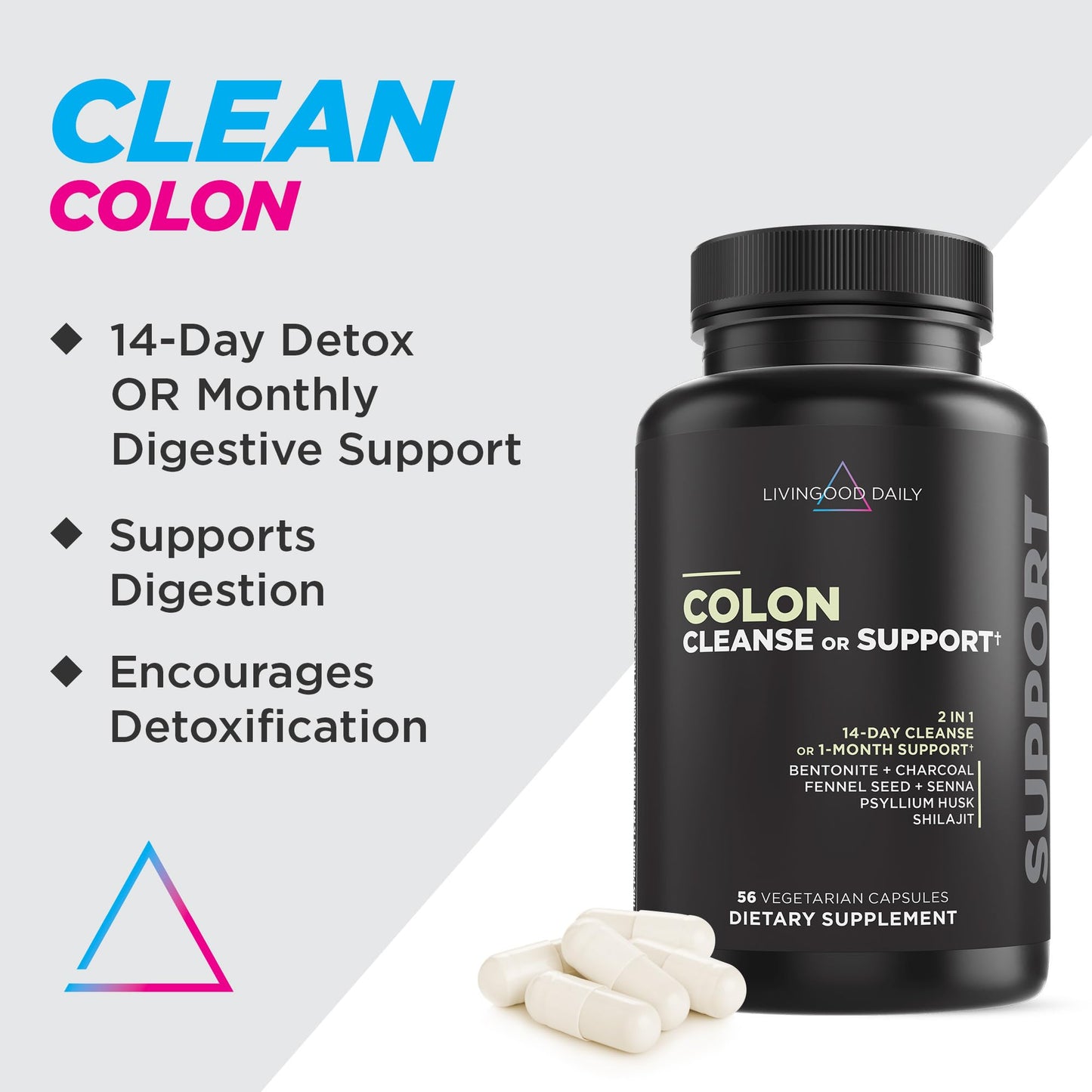 Livingood Daily Colon Cleanse, 56 Vegetarian Capsules - Gut Detox Cleanse Pills & Constipation Relief for Women & Men - Supports Healthy Digestion - Allergen-Free,