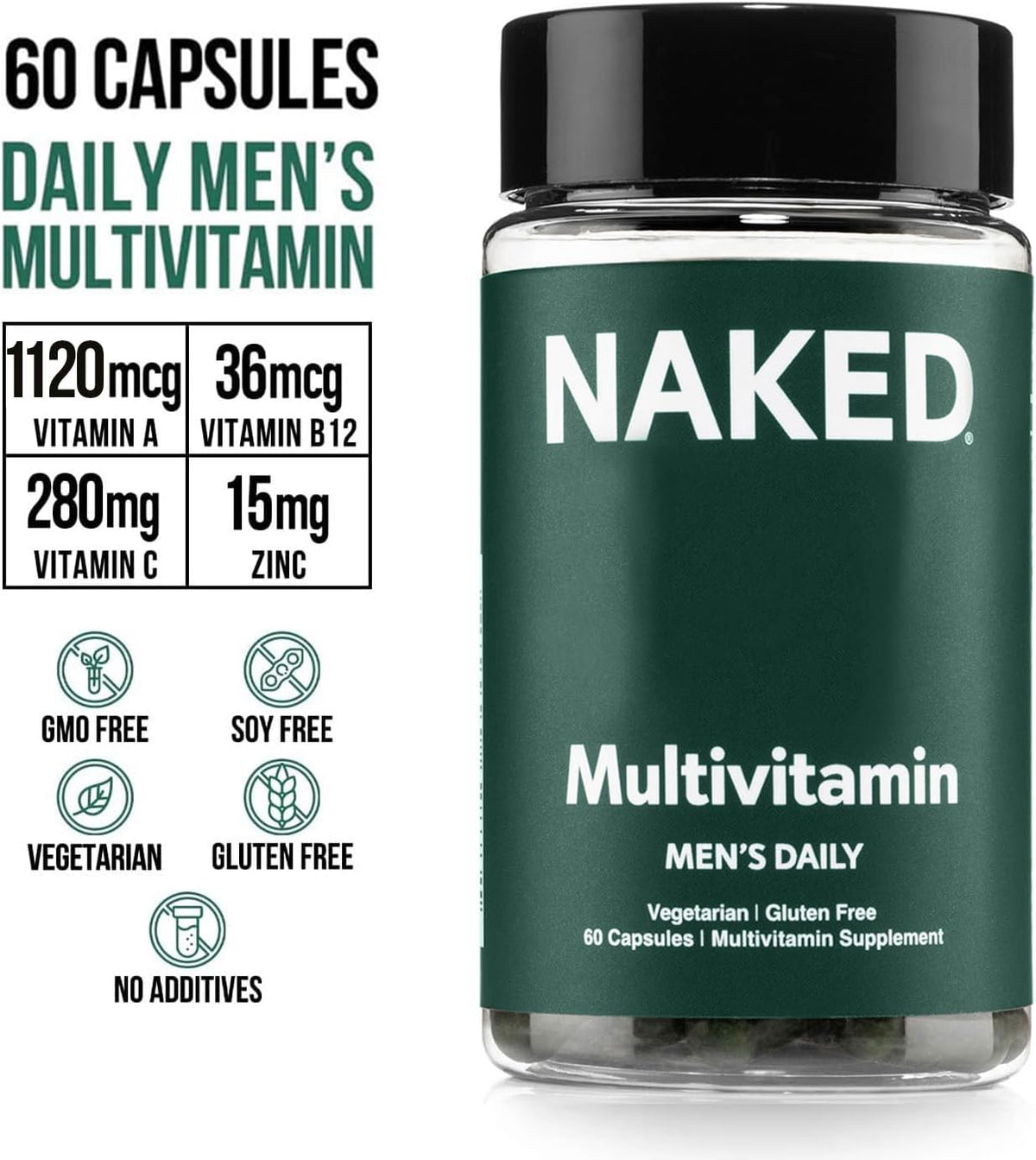NAKED Men’s Multi – Daily Multivitamin for Men – A, C, E, Selenium, Zinc, Fruit and Super Green Extracts and More to Boost Immune Support – Gluten-Free and Vegetarian Daily Vitamins – 60 Capsules