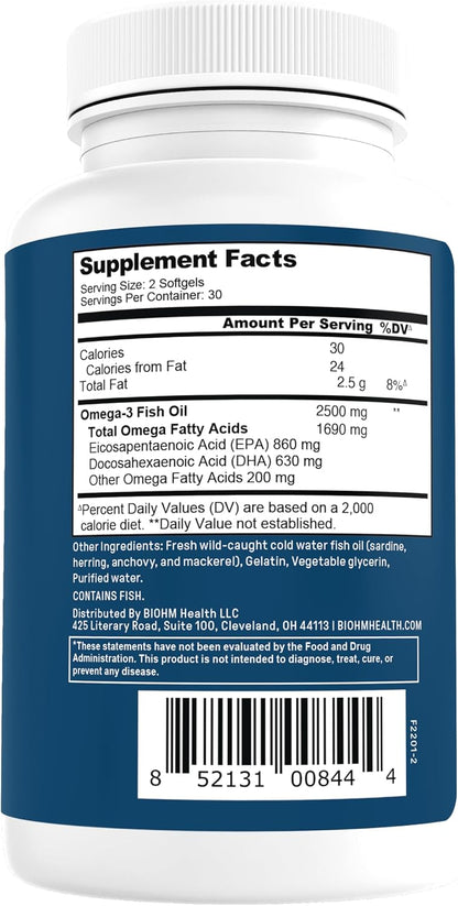 BIOHM Omega-3 Fish Oil 2500mg, 60 Softgels, High Potency 860mg EPA & 630mg DHA, Omega 3 Fatty Acid Supplements to Support Brain, Joint, Eye, Liver & Gut Health, Sustainably Sourced
