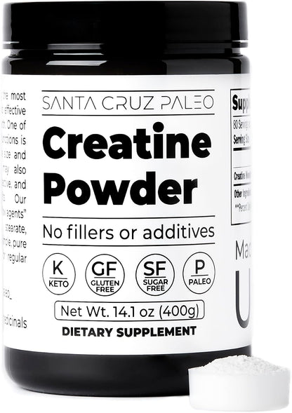Santa Cruz Paleo, Creatine Monohydrate Powder Micronized, Unflavored Pre Workout and Muscle Support Supplement, Gluten Free Keto, Mix with Water or Shakes, No Fillers or Additives, 80 Servings, 400g
