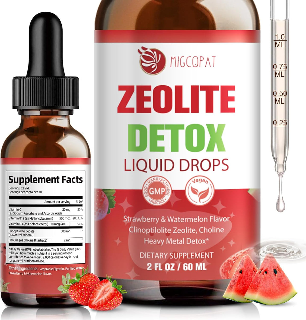 Zeolite Detox Liquid Drops with B12, D3 & Vitamin C – Pure Body Cleanse Support for Heavy Metals, Natural Zeolite Formula, Strawberry Watermelon Flavor, 60ml