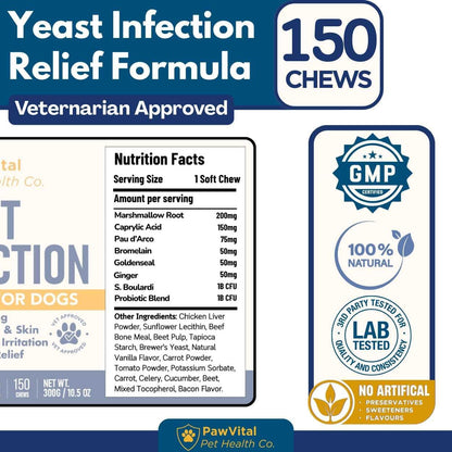 Natural Yeast Infection Treatment for Dogs, 150 Chews – Anti Yeast Support for Itchy Skin & Ears – Helps Reduce Irritation & Paw Licking – Probiotic + Herbal Blend – Bacon Flavored Soft Chews