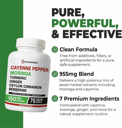 Cayenne Pepper Moringa Turmeric Ginger Capsules, 150 Pills, Extra Strength, Non-GMO & Gluten Free, Pure Berberine HCL and Ceylon Cinnamon Extract Powder