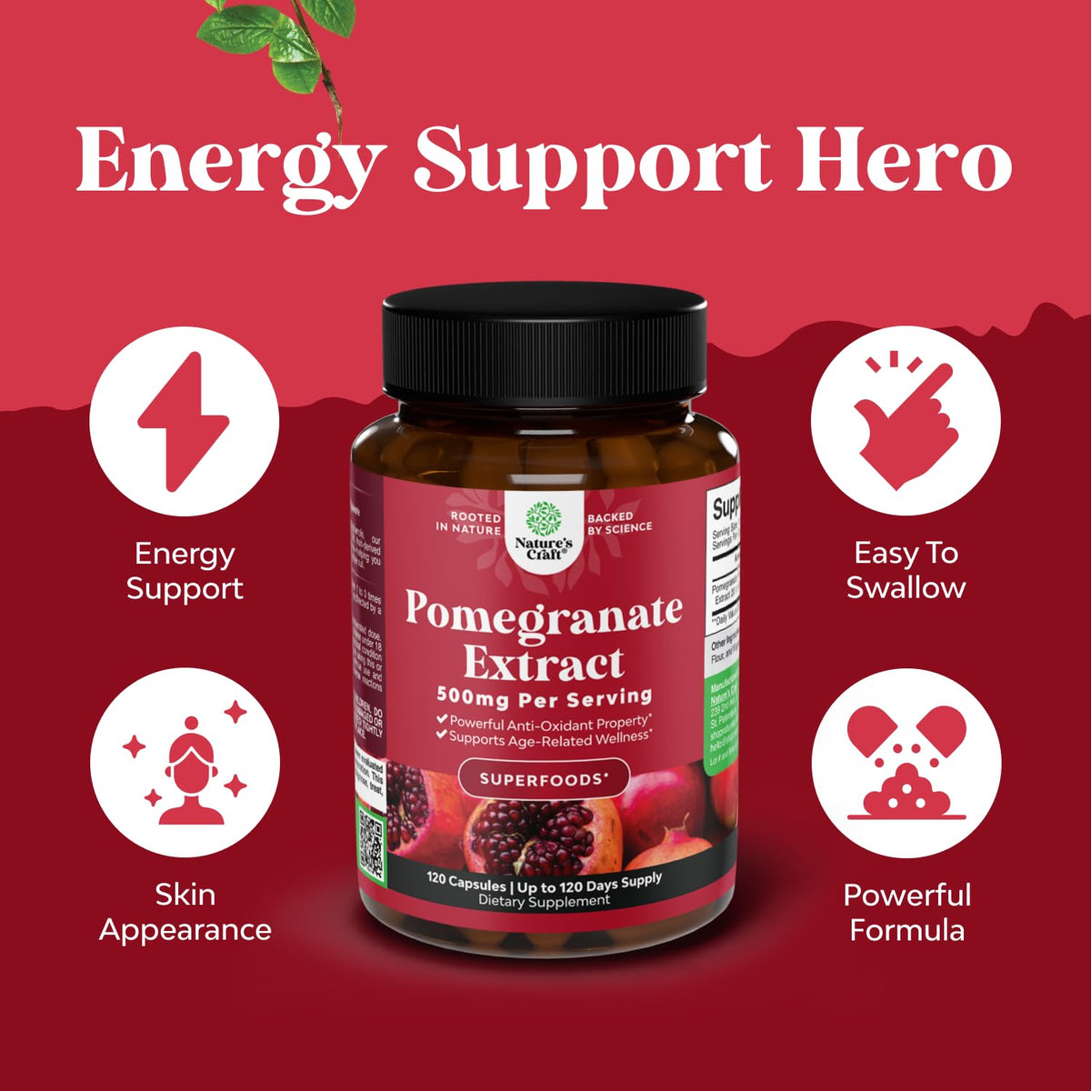 Advanced Pomegranate Extract Capsules - Powerful Antioxidant & Healthy Heart Support - Easy To Swallow Pomegranate Supplement - Superfood for Energy & Gut Health Support - Third Party Tested - 60 Ct