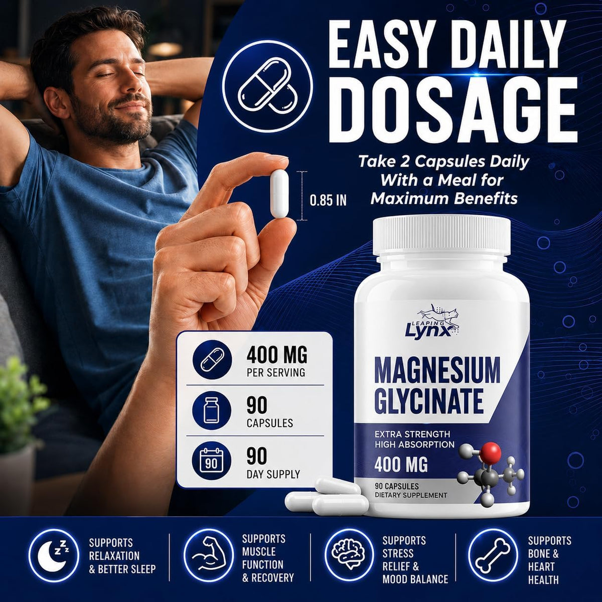 Magnesium Glycinate 400mg – High Absorption, Extra Strength Chelated Magnesium | 120 Capsules (60-Day Supply) | Calm, Muscle Recovery, Sleep & Bone Health | Non-GMO