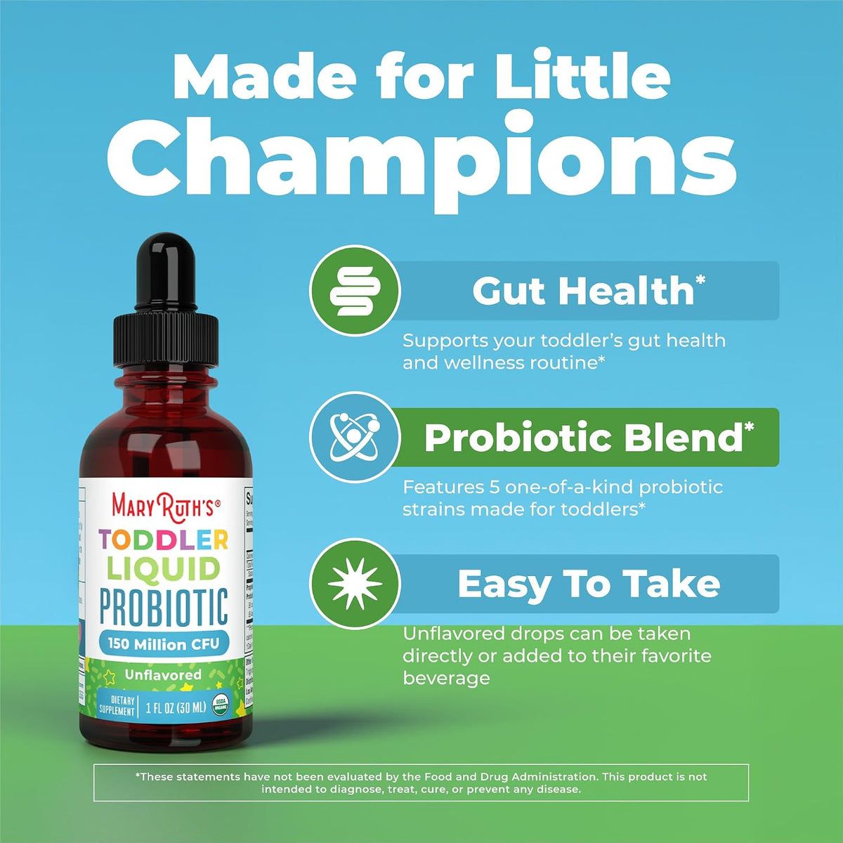 MaryRuth's Organic Toddler Probiotic Liquid Drops | Kids Probiotics for Ages 1-3 | 5 Probiotic Strains | 150 Million CFU Per Serving | USDA Organic | Sugar Free | Vegan | Gluten Free | 1 Fl O