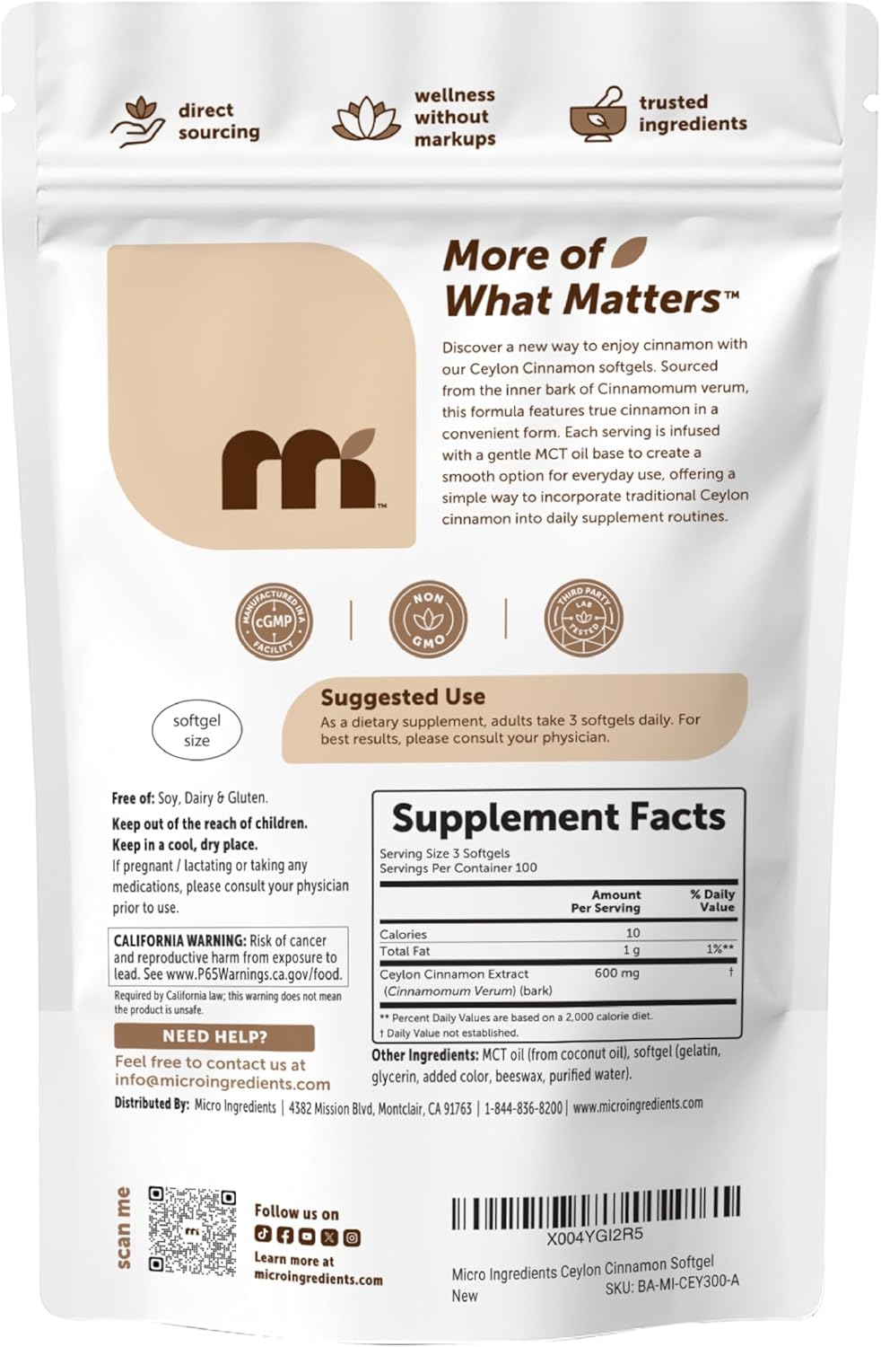 Micro Ingredients Ceylon Cinnamon, 300 Softgels | Cinnamon Supplements with MCT Oil | Non-GMO, Gluten Free | True Ceylon Cinnamon Supplements for Men & Women. Energy & Antioxidant Support*. Non-GMO, Gluten Free