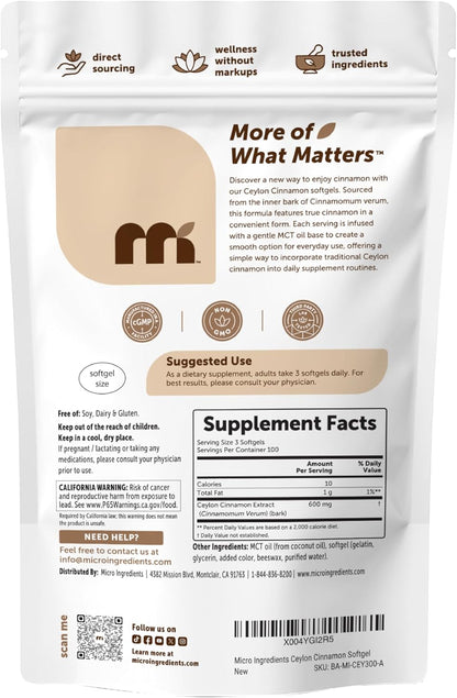 Micro Ingredients Ceylon Cinnamon, 300 Softgels | Cinnamon Supplements with MCT Oil | Non-GMO, Gluten Free | True Ceylon Cinnamon Supplements for Men & Women. Energy & Antioxidant Support*. Non-GMO, Gluten Free