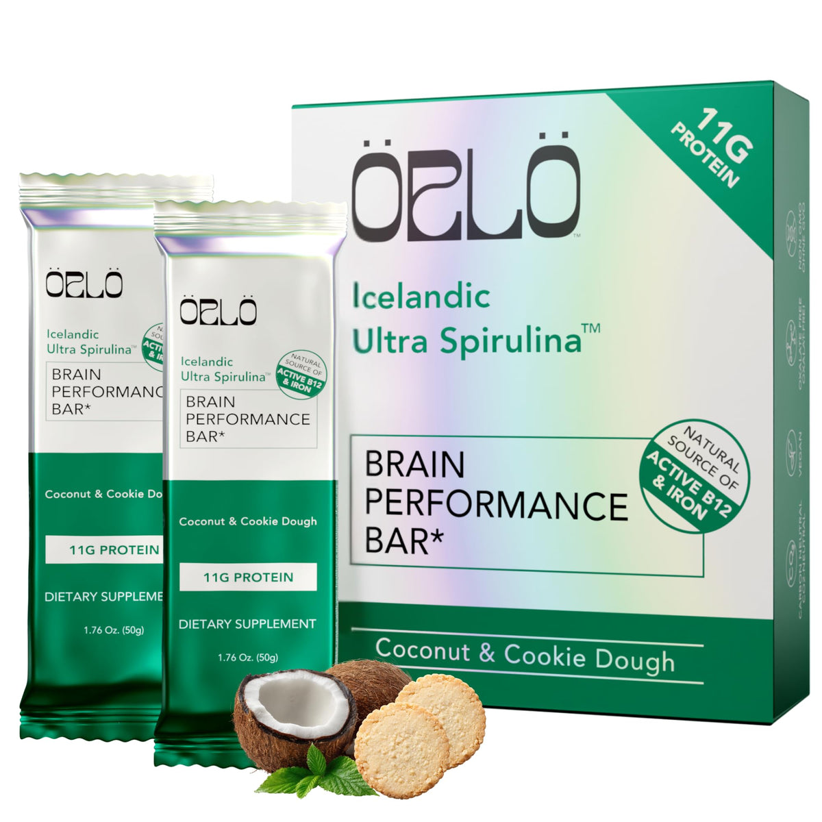 ORLO BRAIN PERFORMANCE BAR – Vegan Protein Bars for Brain & Energy Support – Focus & Memory, Pre & Post Workout Recovery – Gluten Free Snack with L-Theanine, Lions Mane, Spirulina & More (12 Bars)