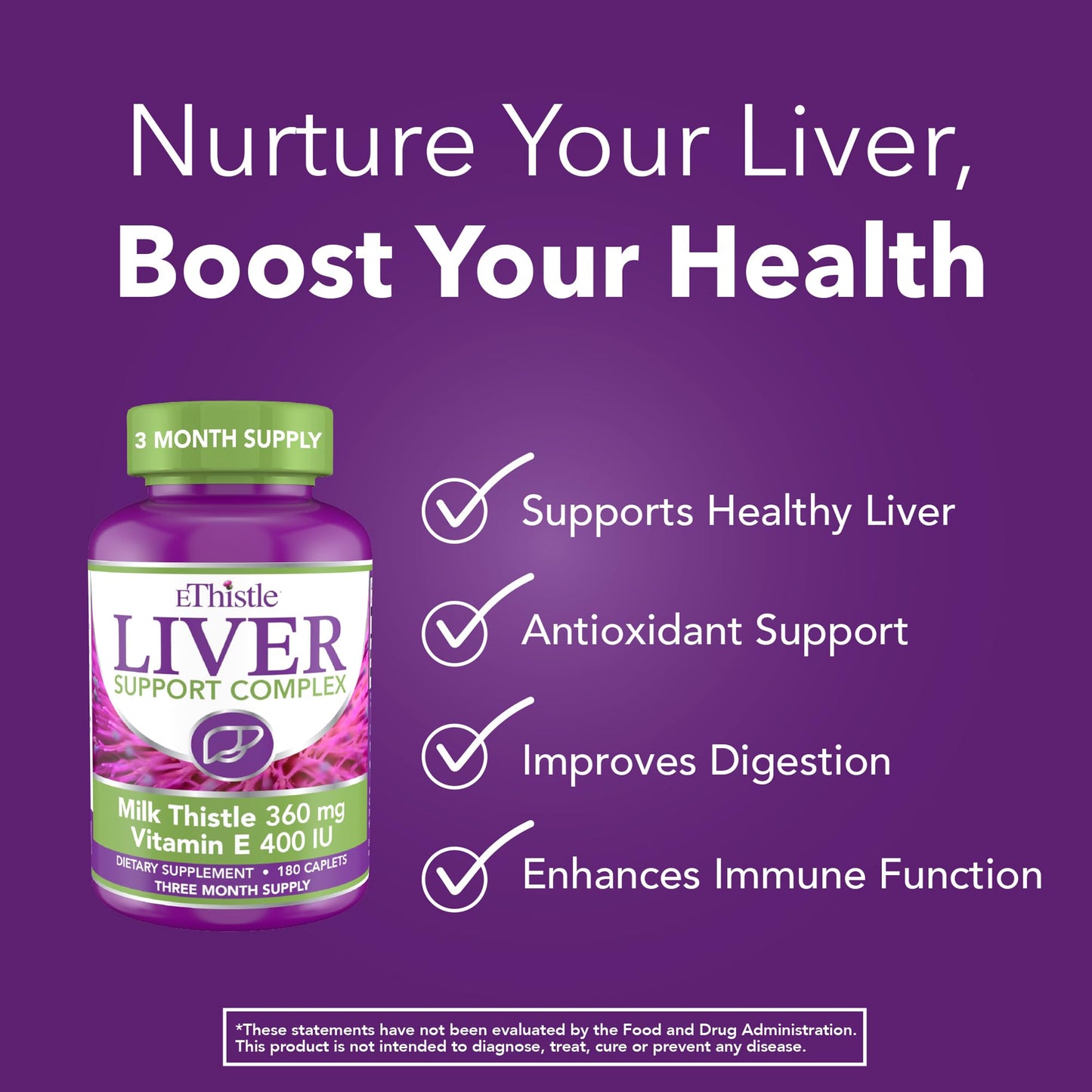 EThistle Liver Wellness Dietary Supplement, Milk Thistle & Vitamin E Liver Health Formula, Caplets 180 Count