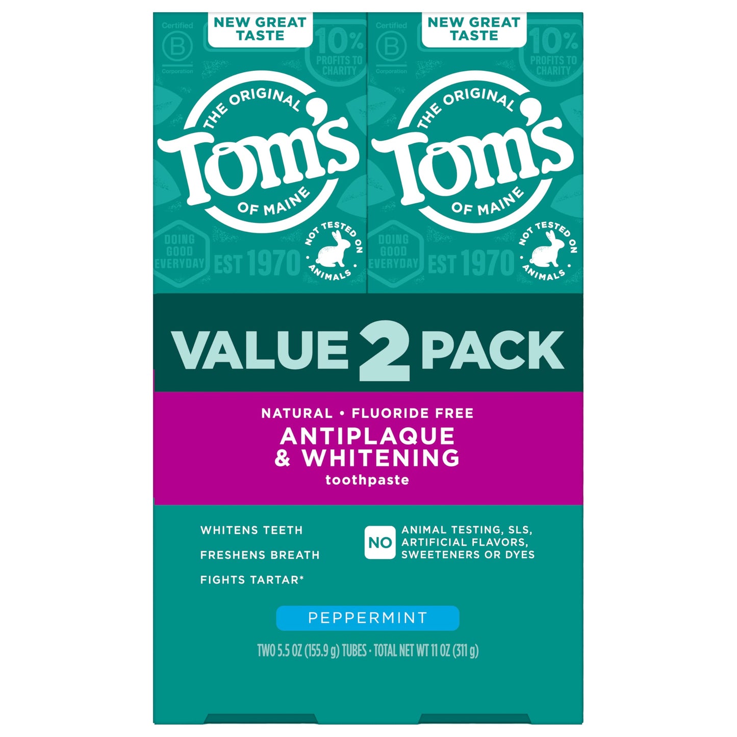Tom's of Maine Fluoride-Free Antiplaque & Whitening Natural Toothpaste, Peppermint, 5.5 oz. (Pack of 2)
