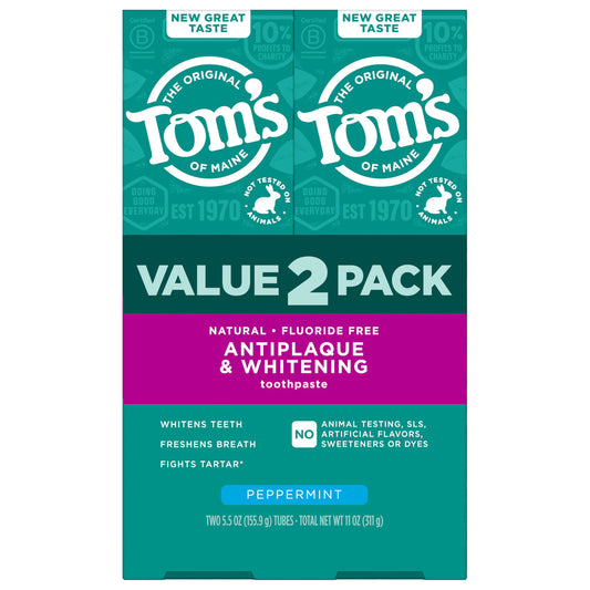 Tom's of Maine Fluoride-Free Antiplaque & Whitening Natural Toothpaste, Peppermint, 5.5 oz. (Pack of 2)