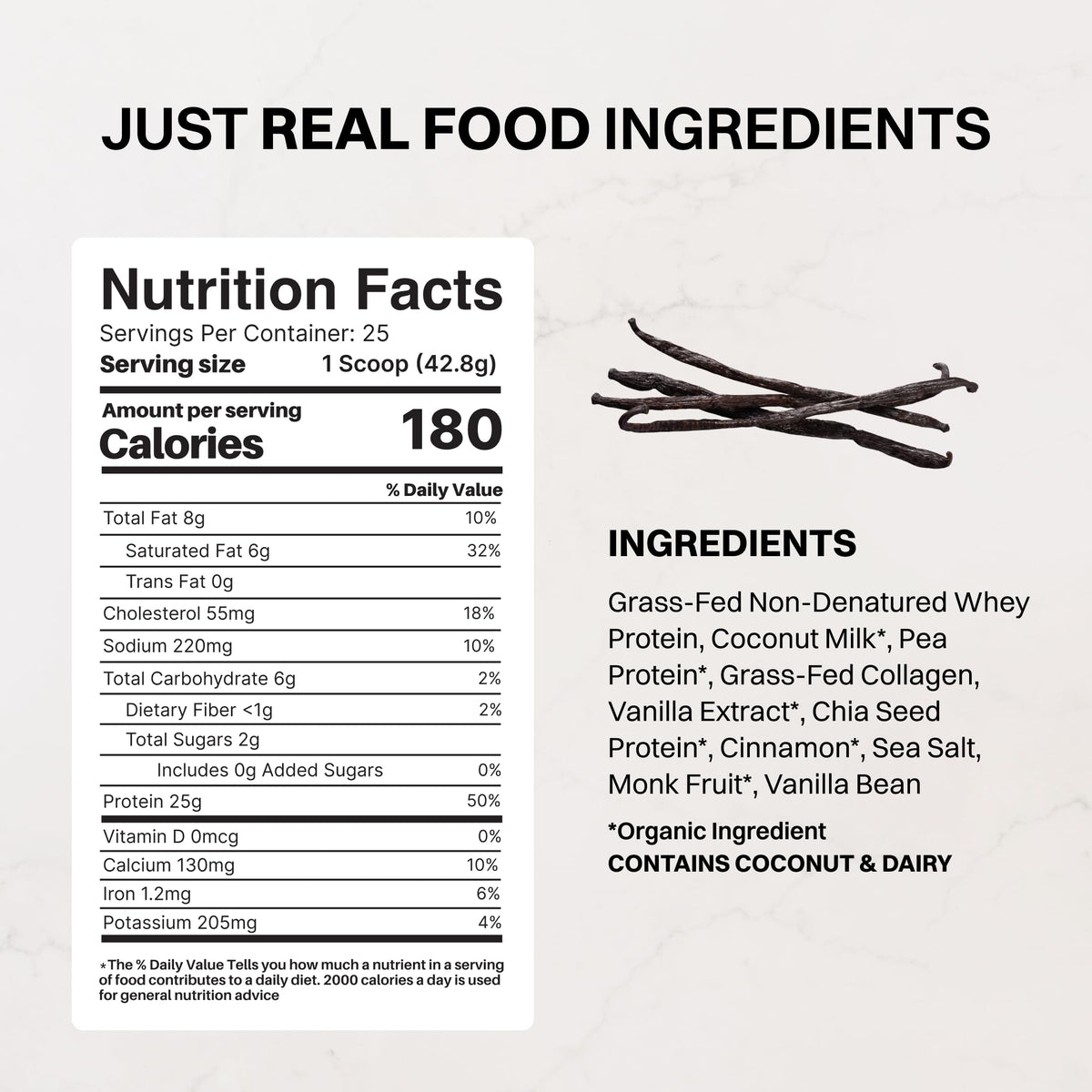 JUST INGREDIENTS Vanilla Bean Protein Powder – 20-Serving Blend with 100% Grass-Fed Whey & Organic Plant Proteins – Real Vanilla Bean & Cinnamon – Supports Muscle Recovery, Energy*