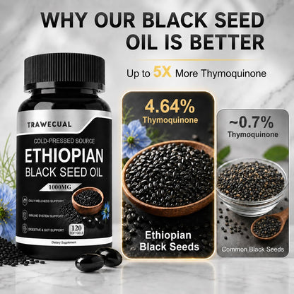 Ethiopian Black Seed Oil Softgels, 120 Count, 1000mg Cold Pressed | 4.64% Thymoquinone, Digestive & Immune Support, Non-GMO, Gluten-Free, Vegan, Black Cumin Seed Oil Softgels, 60 Day Supply