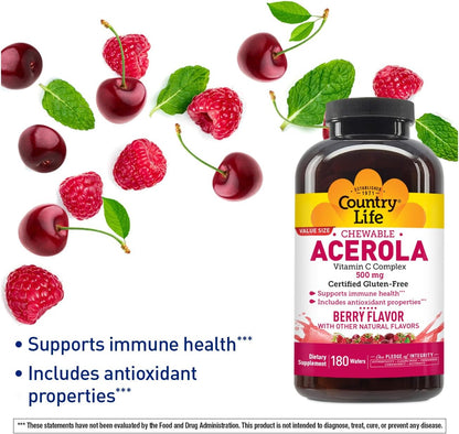 Country Life Acerola Vitamin C Complex 500 mg Chewable Wafers, 180 Count