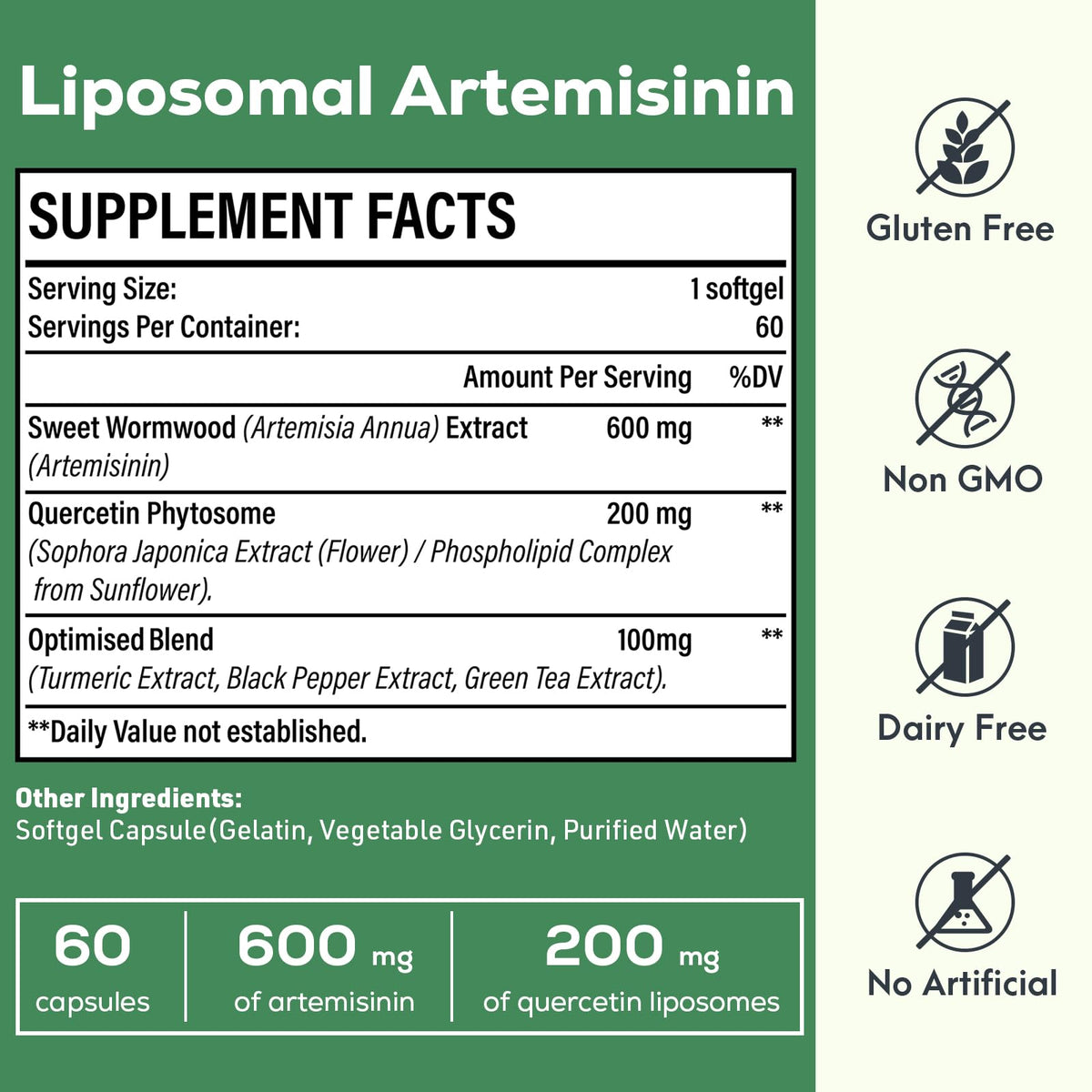 900 mg Liposomal Artemisinin for Maximum Absorption, Sweet Wormwood Extract(Artemisia Annua) with Quercetin Phytosome 200 mg, 120 Softgels