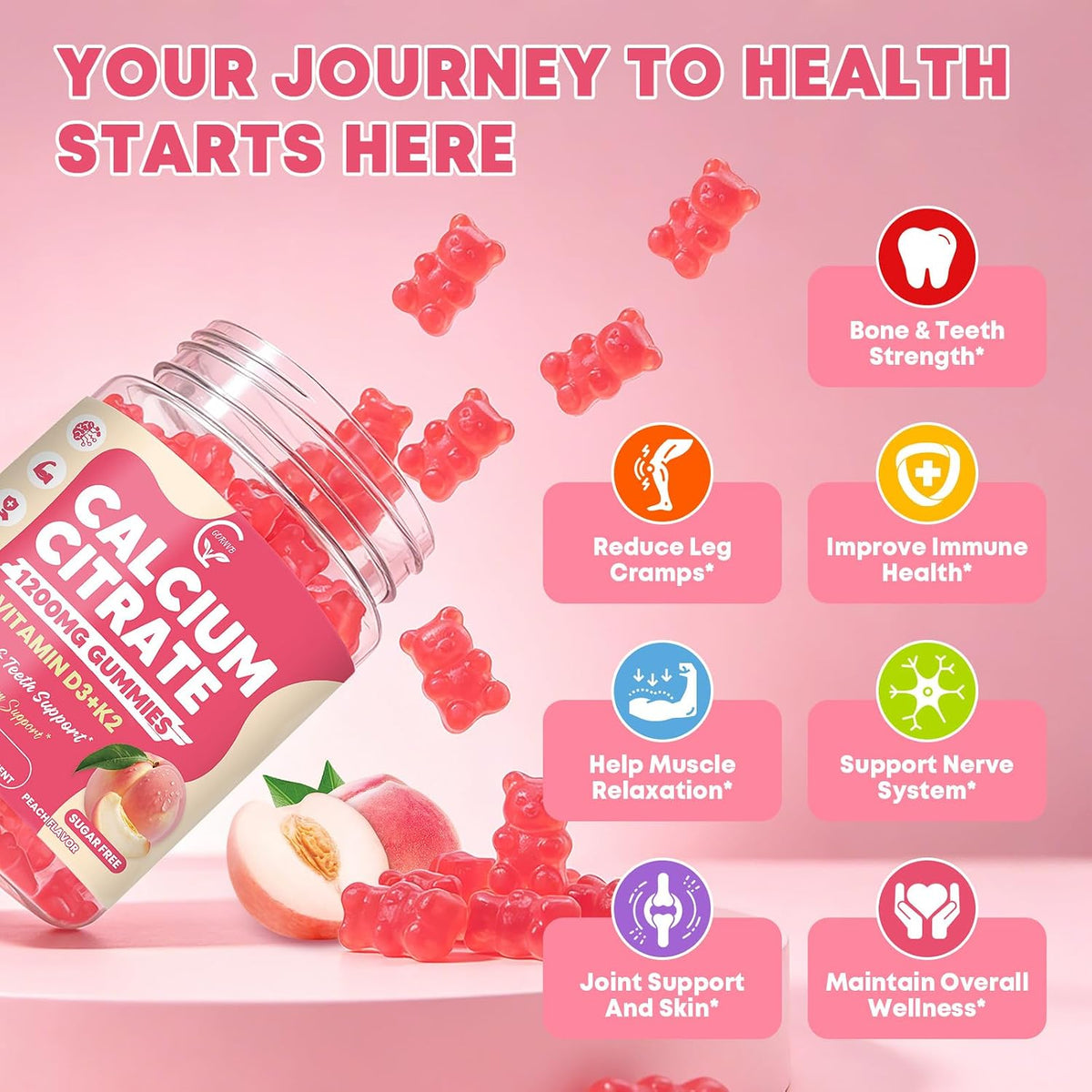 Calcium Citrate Gummies 1200 mg with Vitamin D3, K2 for Bone, Muscle & Immune Support, High Absorption Chewable Calcium Supplements for Women & Men, Sugar Free, Vegan, Peach Flavor, 60 Chews