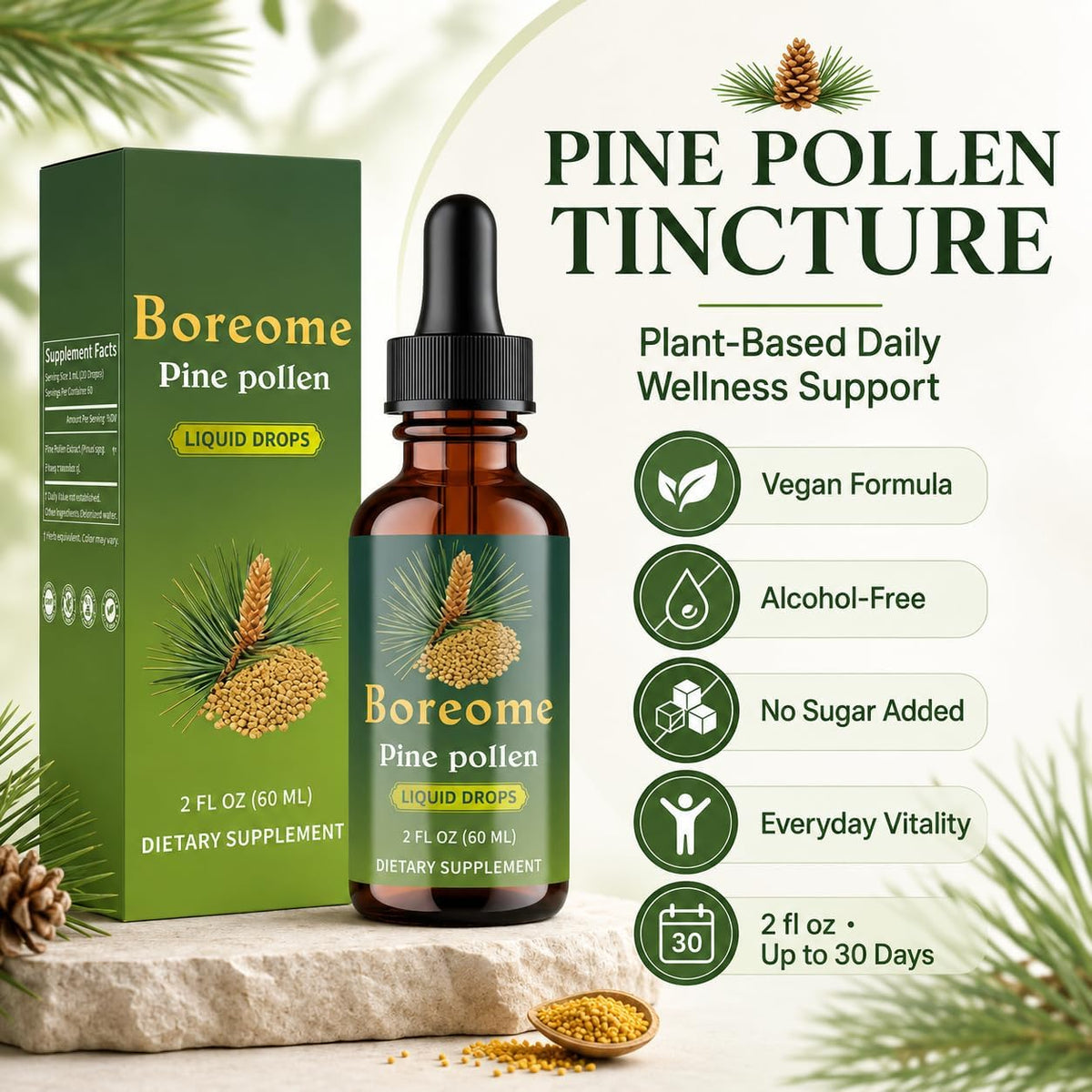 Pine Pollen Tincture | Pine Pollen Powder Liquid Drops for Men & Women - Vegan, Sugar & Alcohol-Free Supplement - 2 fl oz
