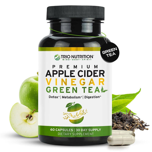 TRIO NUTRITION Apple Cider Vinegar Capsules with Green Tea - Natural Sugar Free Apple Cider Vinegar Pills with the Mother for Body Cleanse, Immune