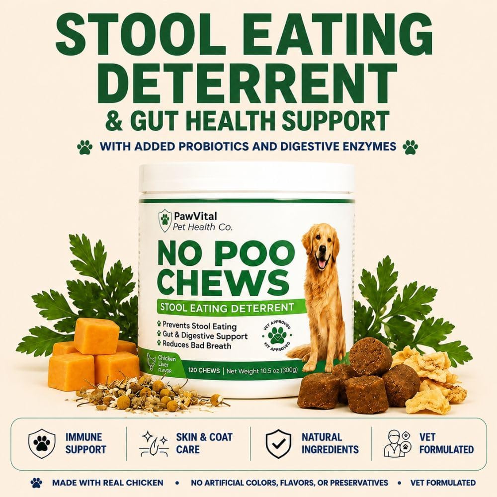 No Poo Chews for Dogs, Coprophagia Stool Eating Deterrent, Stop Eating Poop Supplement with Probiotics, Digestive Enzymes & Breath Aid Support, Gut Health & Digestive Support, Chicken Flavor, 120 Ct