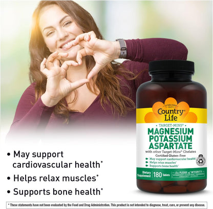 Country Life Target-Mins Magnesium 600 mg and Potassium 198 mg, 180 Tablets