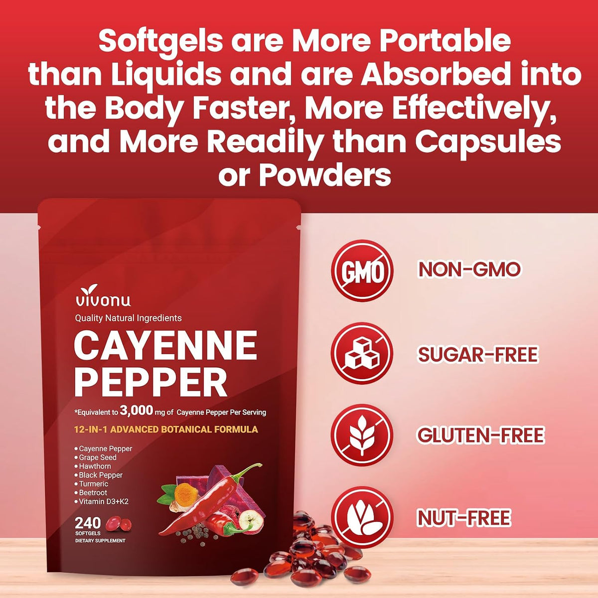 VivoNu Cayenne Pepper Softgels Supplement with Vitamin E D3+K2 and Extracts of Grape Seed, Hawthorn, Beetroot, Berberine and Others, Supports Leg Vein, Heart and Blood Vessel Health
