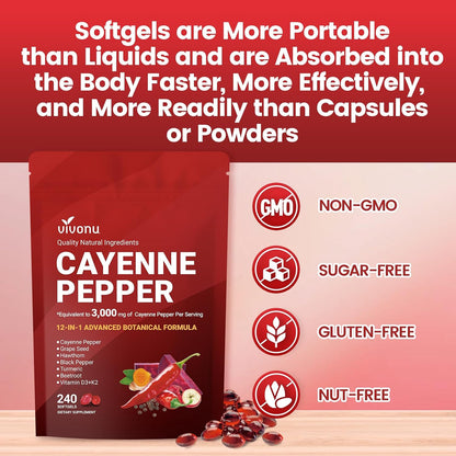 VivoNu Cayenne Pepper Softgels Supplement with Vitamin E D3+K2 and Extracts of Grape Seed, Hawthorn, Beetroot, Berberine and Others, Supports Leg Vein, Heart and Blood Vessel Health