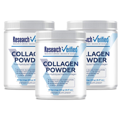 Research Verified® Collagen Powder - Hydrolyzed Marine Collagen Peptides - Unflavored - Skin Hydration and Elasticity, Muscle Recovery, Non GMO - 30 Scoops Per Container - 1 Month Supply
