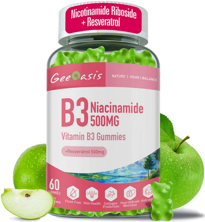 Geeoasis Niacinamide 500mg Gummies, Chewable Vitamin B3 Supplement with Resveratrol 500mg, High Potency Niacin for Antioxidant, Skin & Brain Health,