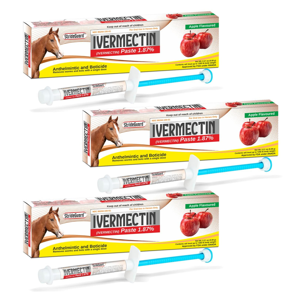 Horse Ivermectin Paste 1.87% – Apple Flavored Oral Horse Dewormer Syringe – 6.08g Tube Treats Horses Up to 1,250 lbs [Pack-1]