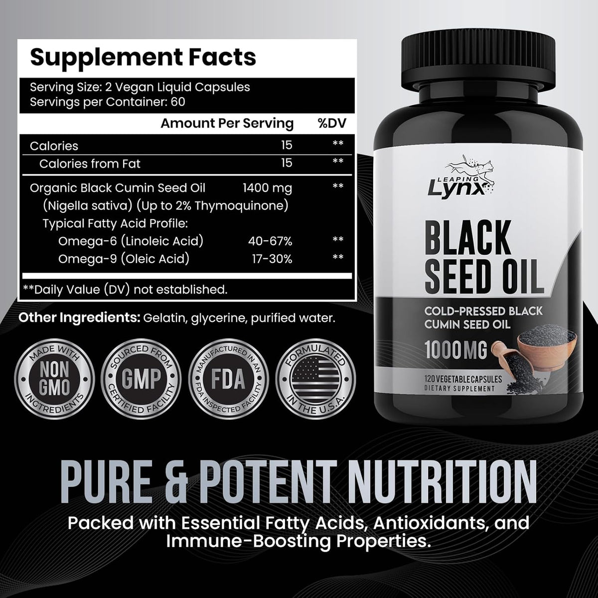 Leaping Lynx Black Seed Oil 1000mg – Cold-Pressed Nigella Sativa Softgels for Immune, Heart, Joint & Skin Health | 120 Softgels (60-Day Supply) | Non-GMO, Cold Pressed Black Cumin Seed Oil