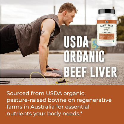 Organic Beef Liver Capsules, Grass Fed & Pasture Raised, 180 Capsules | Nutrient Dense Superfood for Energy & Wellness - No Fillers, USDA Certified Organic - Freeze Dried Liver Supplement
