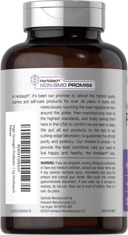 Horbäach Prebiotic for Men and Women | 120 Powder Pills | High Strength & Premium Quality Supplement | Non-GMO & Gluten Free