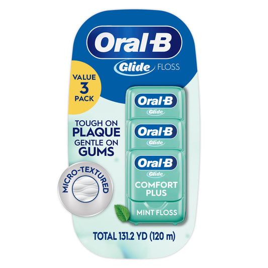Oral-B Glide Dental Floss, Comfort Plus Mint, 3 Pack (131.2 YD Total) – Shred-Resistant Smooth Dental Tape for Tight Spaces, Natural Wax,