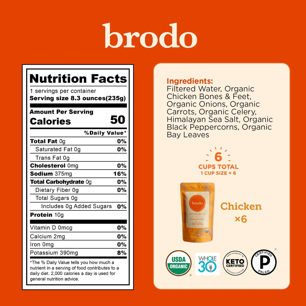 Brodo Ready to Drink Organic Chicken Collagen Rich Bone Broth (6 X 8 oz) | Organic Bone Broth with Collagen, Protein Soup & Sipping Broth for Healthy Meal Prep, Soups and Bone Broth Packets