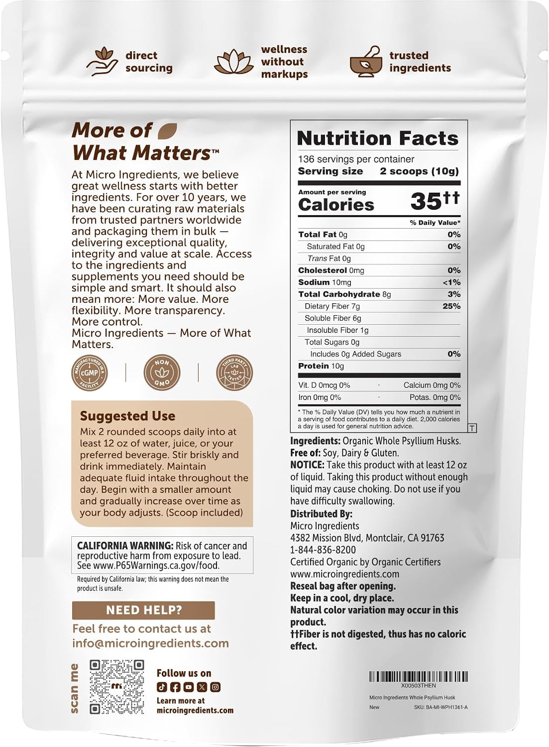 Micro Ingredients Organic Whole Psyllium Husks, 3lbs | Daily Soluble Fiber Supplement | Sourced from India | Ideal for Oatmeal, Coffee & Beverage | Unflavored, Non-GMO, Keto Friendly, Vegan