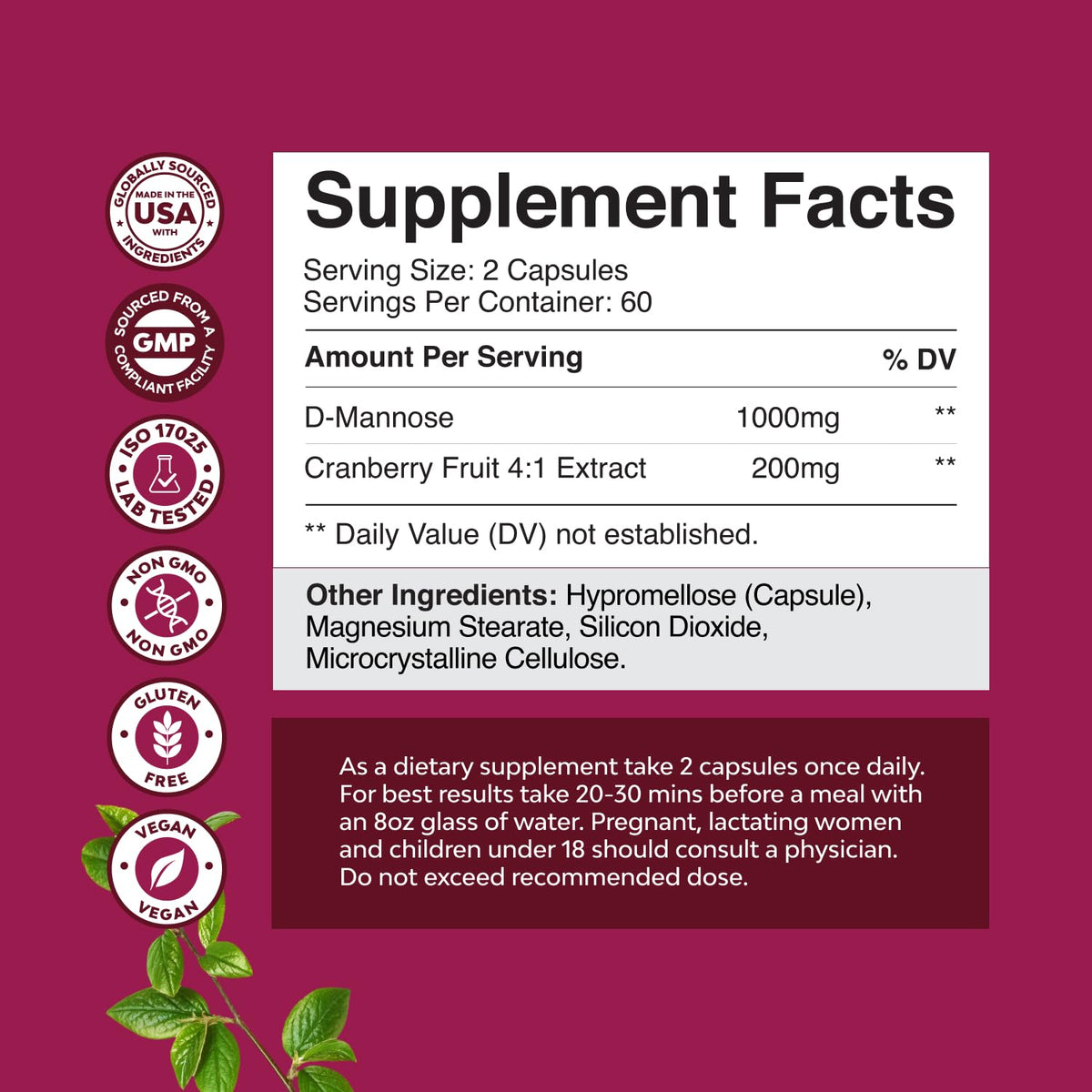 D Mannose with Cranberry Supplement - Potent D Mannose 1000mg Capsules for Kidney Defense Support & Cleanse and Urinary Tract Health for Women & Men - Bladder Health Supplement for Adults - 60 Count