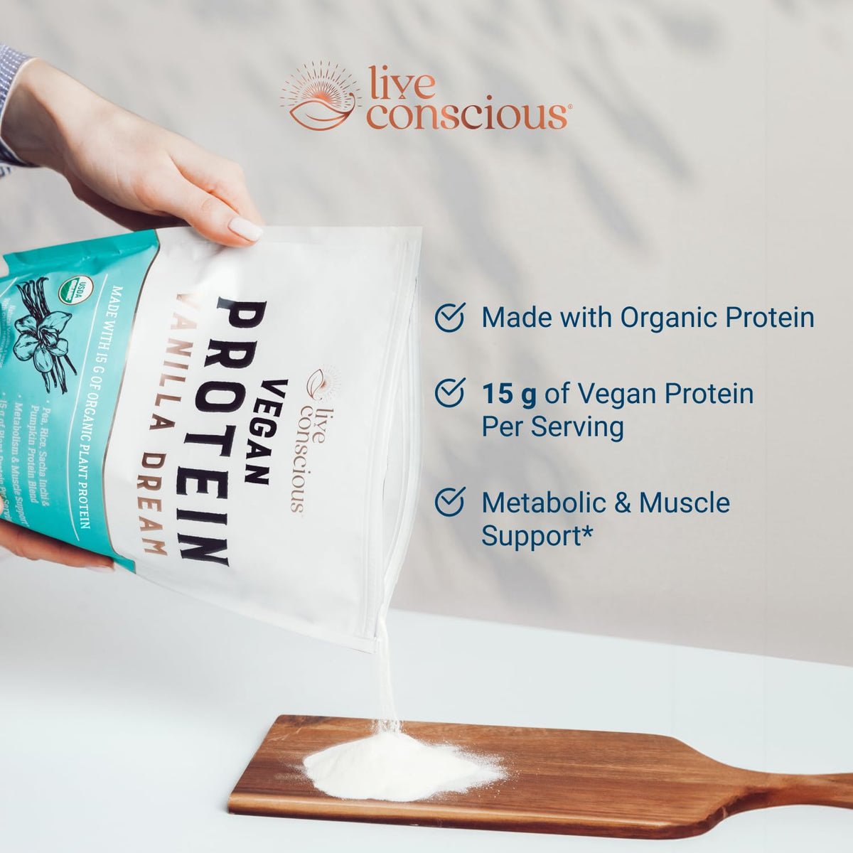 Live Conscious Cosmic Cacao - Organic Vegan Protein Powder, Chocolate Flavor, Plant-Based Blend - Pea Protein, Brown Rice, Pumpkin, Sacha Inchi - 20 Servings, 17 oz