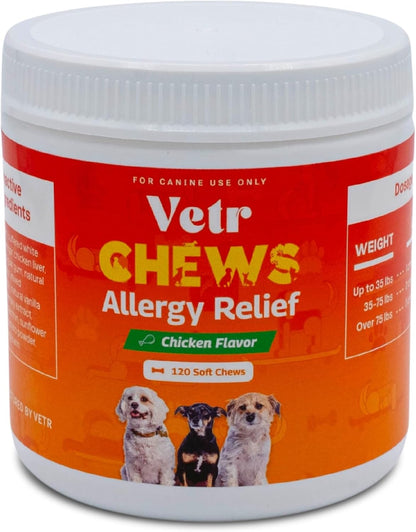Vetr Allergy Relief Chews for Dogs - Dog Itching Skin Relief, Dog Allergy Treats with Probiotics and Omega-3 - Chicken Flavored 120 Count - Vet-Formulated in USA