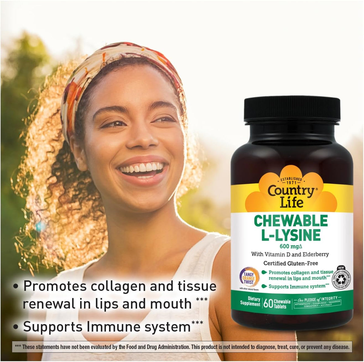 Country Life Chewable L-Lysine 600 mg with Vitamin D, 60 Tablets