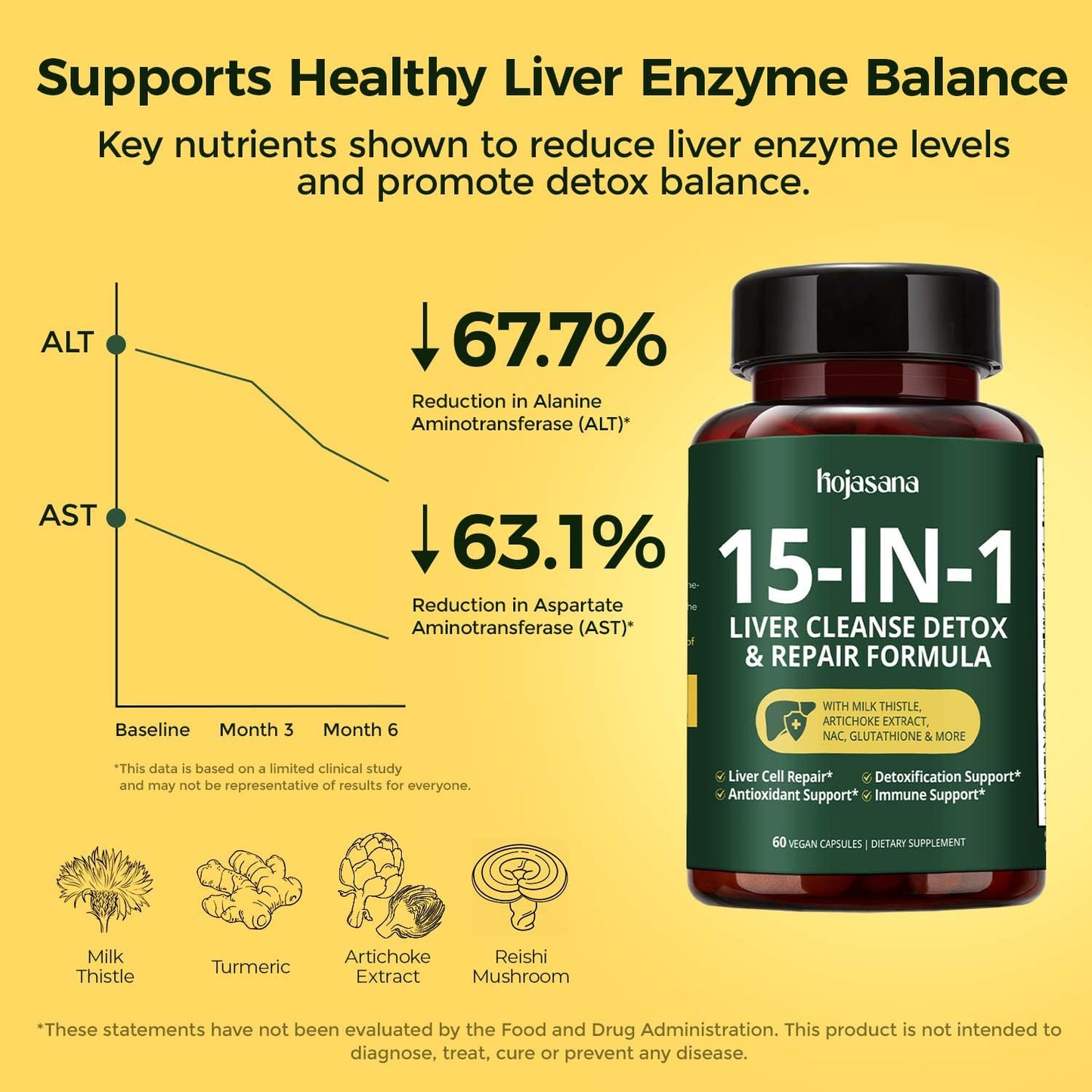 HojaSana Milk Thistle Liver Support - 80% Silymarin, 15-in-1 Formula with Glutathione, NAC, Turmeric, Artichoke and Reishi - Antioxidant, Metabolism