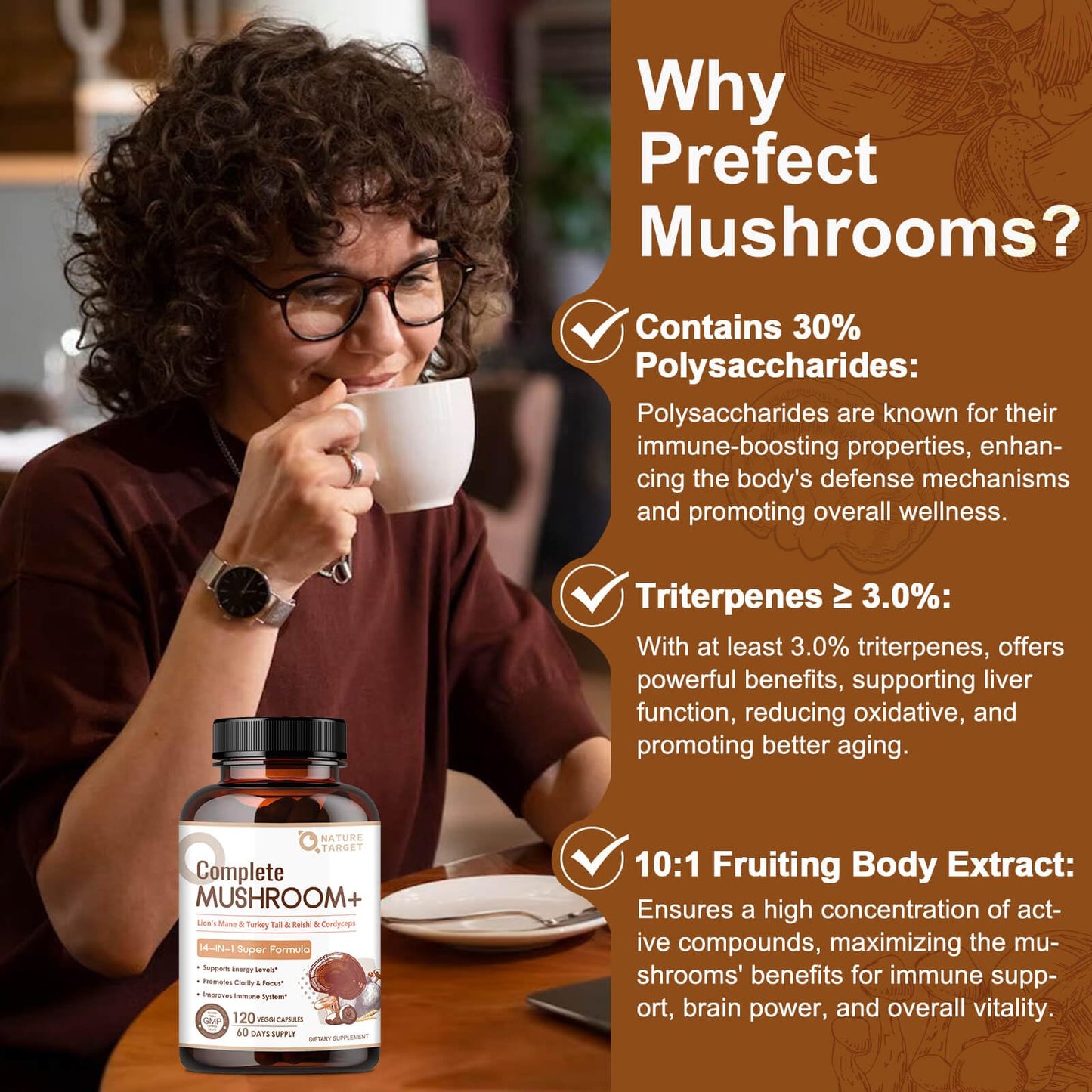 NATURE TARGET 14-in-1 Mushroom Supplement - Mushroom Complex with Lion's Mane, Cordyceps, Reishi & Turkey Tail - Caffeine-Free Energy, Memory & Immune Support - Vegan, 120 Capsules