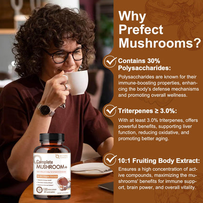 NATURE TARGET 14-in-1 Mushroom Supplement - Mushroom Complex with Lion's Mane, Cordyceps, Reishi & Turkey Tail - Caffeine-Free Energy, Memory & Immune Support - Vegan, 120 Capsules