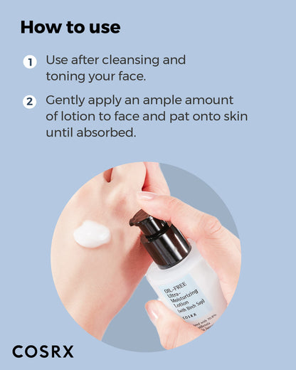 COSRX Oil Free Lotion with Birch Sap, Daily Acne Facial Moisturizer, Hydrating Moisturizer for All Skin Types, Korean Skin Care, 3.38 fl.oz / 100ml