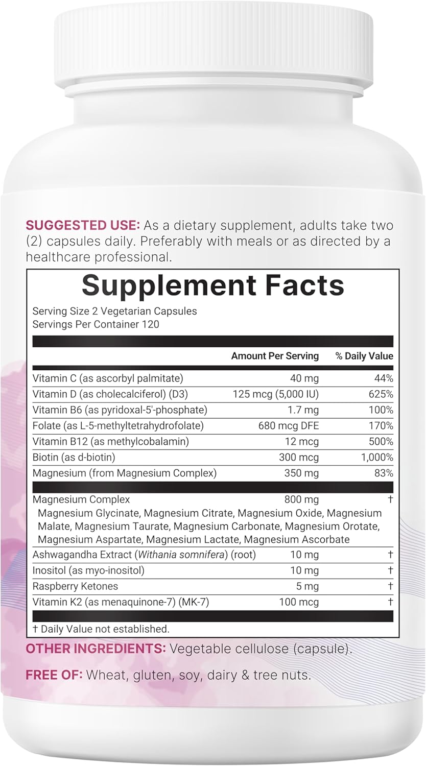 Micro Ingredients Magnesium Complex for Women, 240 Veggie Capsules | 20-in-1 with Glycinate, Citrate & More + D3, K2, Methylated B Complex, Biotin, Inositol & Ashwagandha. Filler Free, Non-GMO.
