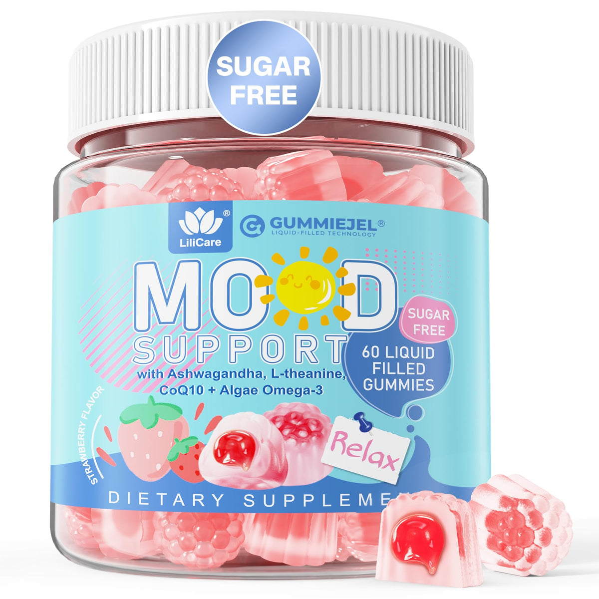 Ashwagandha Saffron Calm Gummies + Omega 3, L-Theanine & CoQ10 for Women Men, Natural Calming Happy Relax Gummies for Adults, Mood Support Supplement Gummy, Strawberry Flavor, Sugar Free, Vegan, 60ct