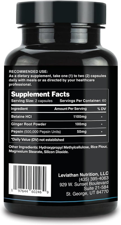 Leviathan Betaine HCl with Pepsin & Ginger - Digestive Enzymes Supplement for Digestion Aid & Support, Stomach Acid & Nutrient Absorption