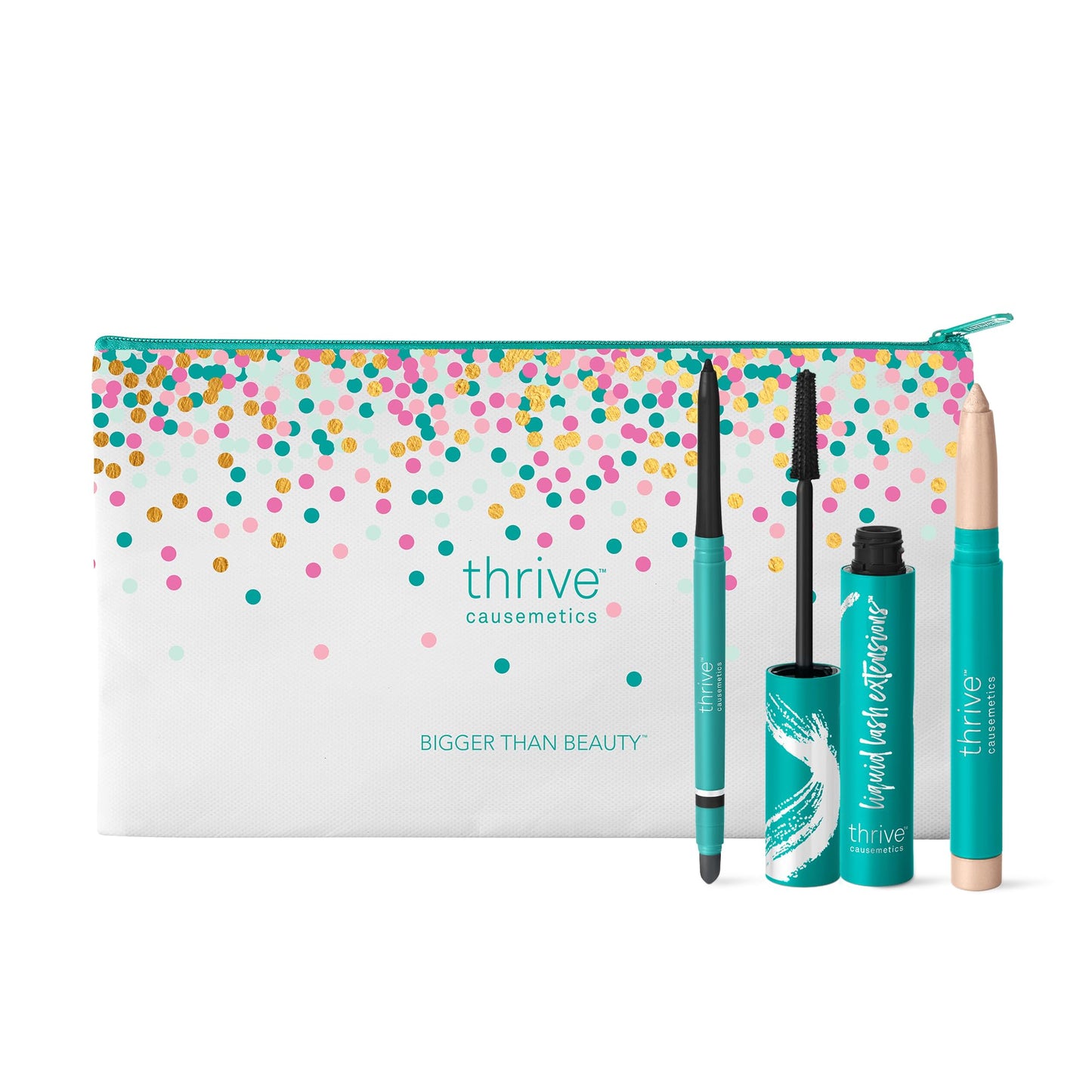 Thrive Causemetics Trio Kit, Makeup Gift Set for Women, Liquid Lash Extensions Mascara (Brynn), Brilliant Eye Brightener Highlighter Stick (Stella), Infinity Waterproof Eyeliner (Lauren)