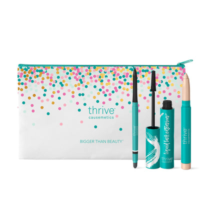 Thrive Causemetics Trio Kit, Makeup Gift Set for Women, Liquid Lash Extensions Mascara (Brynn), Brilliant Eye Brightener Highlighter Stick (Stella), Infinity Waterproof Eyeliner (Lauren)